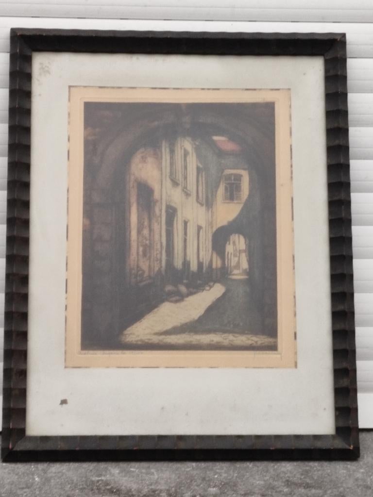 gravure " impasse a malines " signe jules leeuw, Antiquités & Art, Art | Eaux-fortes & Gravures, Enlèvement ou Envoi