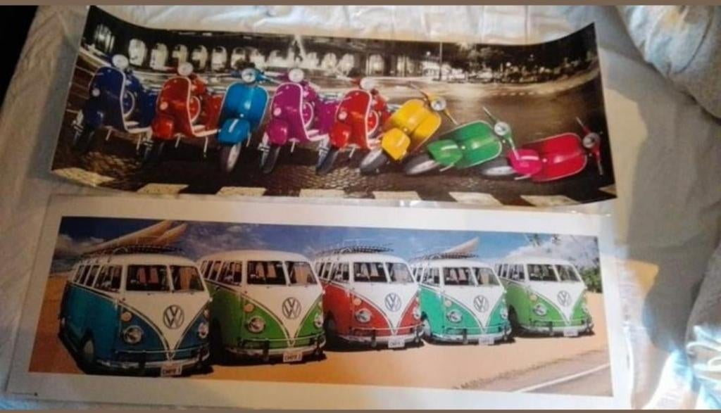 Geplastificeerde posters VESPA + VW BUSJES (zo gekocht), Maison & Meubles, Autres types, Plastique, Multicolore, Comme neuf