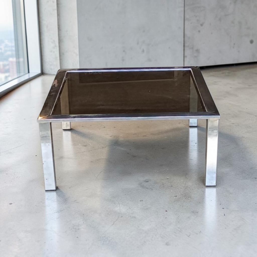 Table basse Vintage en verre fumé et Chrome 1970's, Enlèvement