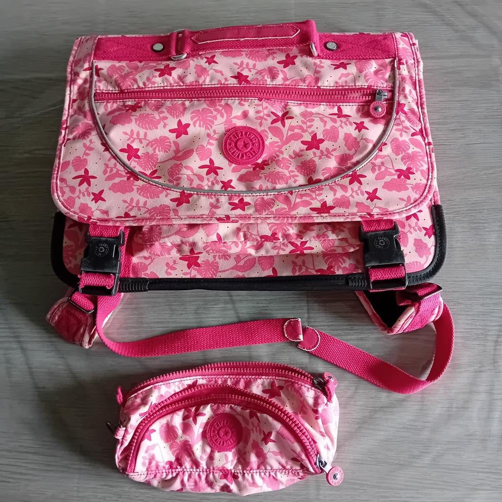Boekentas + pennenzak Kipling, Handtassen en Accessoires, Tassen | Schooltassen, Ophalen, Gebruikt, Roze, Aktetas of Boekentas