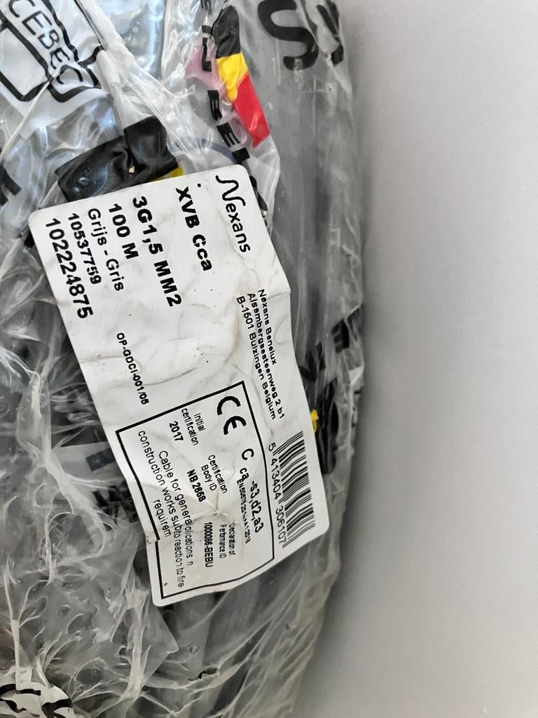 100m nexans XVB CCA 3G 1.5mm2 Grijs NIEUW 100m, Doe-het-zelf en Bouw, Elektriciteit en Kabels, Ophalen of Verzenden, Nieuw, Kabel of Snoer