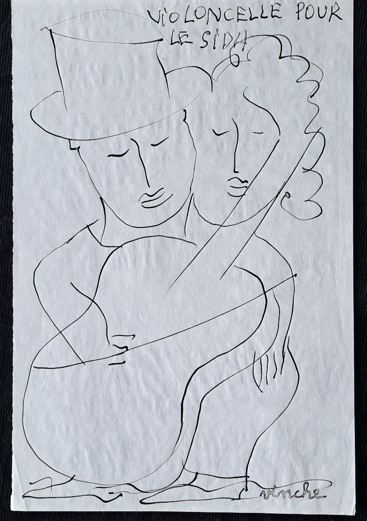 Lionel Vinche 1936 Stifttekening Violoncelle pour le sida, Antiek en Kunst, Kunst | Schilderijen | Modern, Ophalen of Verzenden