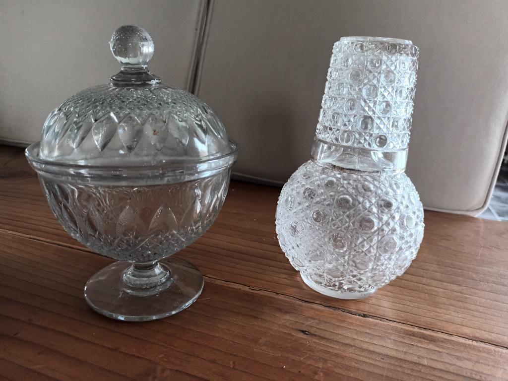 Bonbonnière en verre + carafe à eau en cristal avec verre, Antiquités & Art, Enlèvement