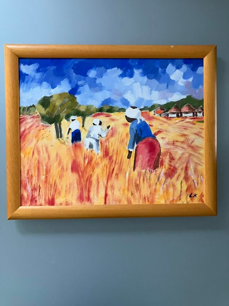 Kleurrijk schilderij met Afrikaans tafereel, Antiek en Kunst, Kunst | Schilderijen | Modern, Ophalen of Verzenden