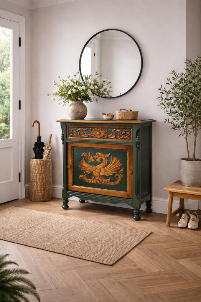 Antiek Nachtkastje - Groen, gedetailleerd houtsnijwerk, Huis en Inrichting, Slaapkamer | Nachtkastjes, Ophalen, Zo goed als nieuw