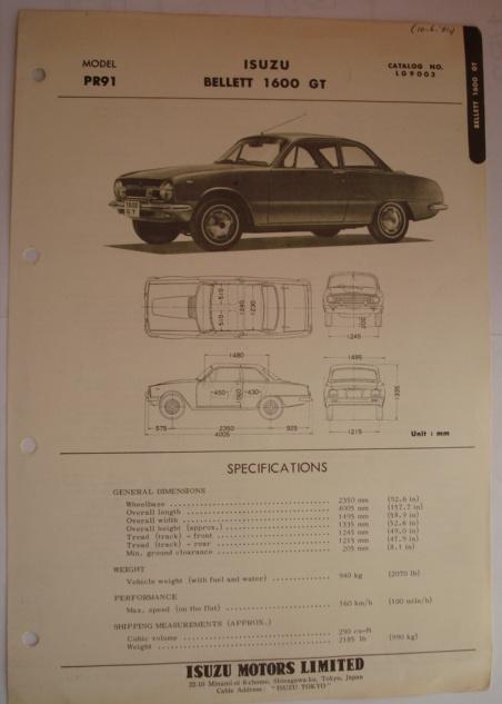Isuzu Bellett 1600 GT PR91 Spec sheet 1968 LG9003, Verzenden, Gelezen, Overige merken