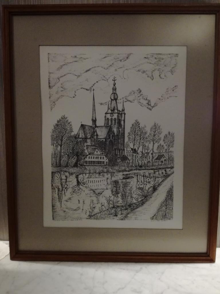 mooie tekening van de O.L. vrouw kerk , Aarschot, Antiek en Kunst, Kunst | Tekeningen en Fotografie, Ophalen of Verzenden