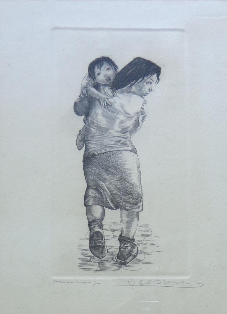GUSTAAF DE BRUYNE / HAVENMEISJE / ZW-W ETS / 58x48cm KADER, Antiek en Kunst, Kunst | Litho's en Zeefdrukken, Ophalen of Verzenden