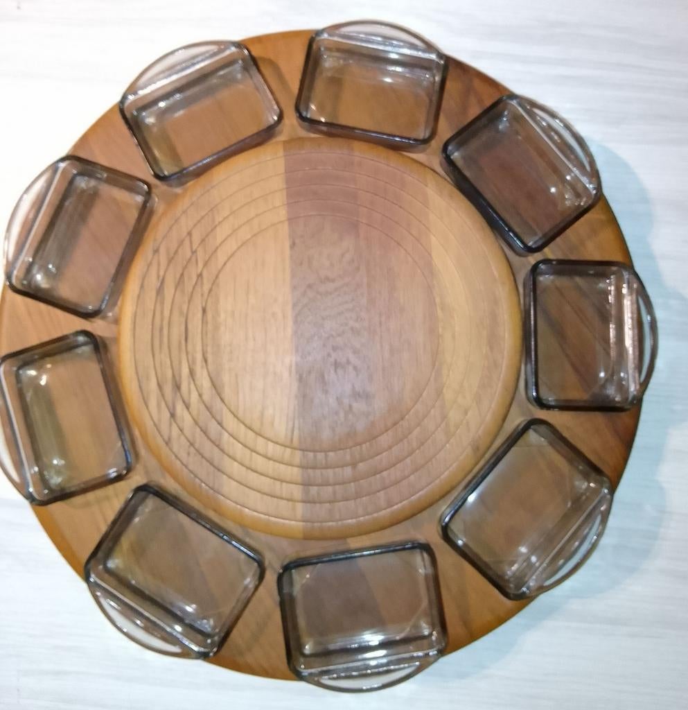 Houten draaischotel met 9 glazen kommetjes., Huis en Inrichting, Keuken | Tupperware, Nieuw, Ophalen