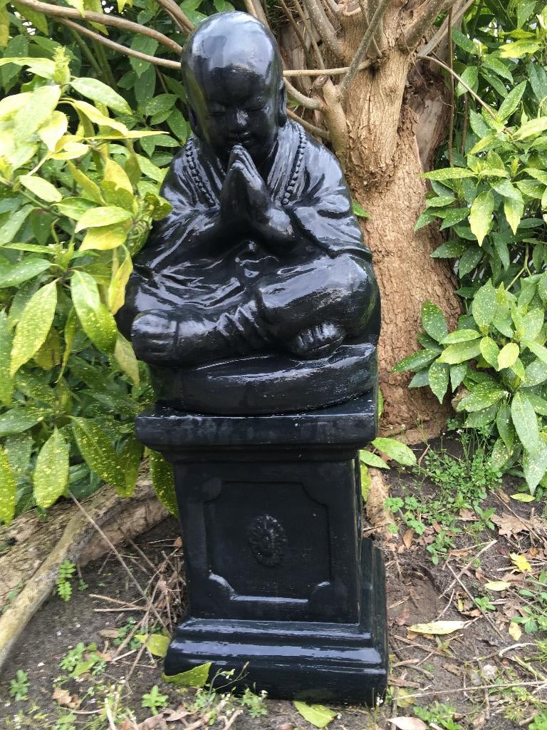 Japanse Monnik op Sokkel - Zwart - Steen, Tuin en Terras, Ophalen of Verzenden, Steen, Mensenbeeld