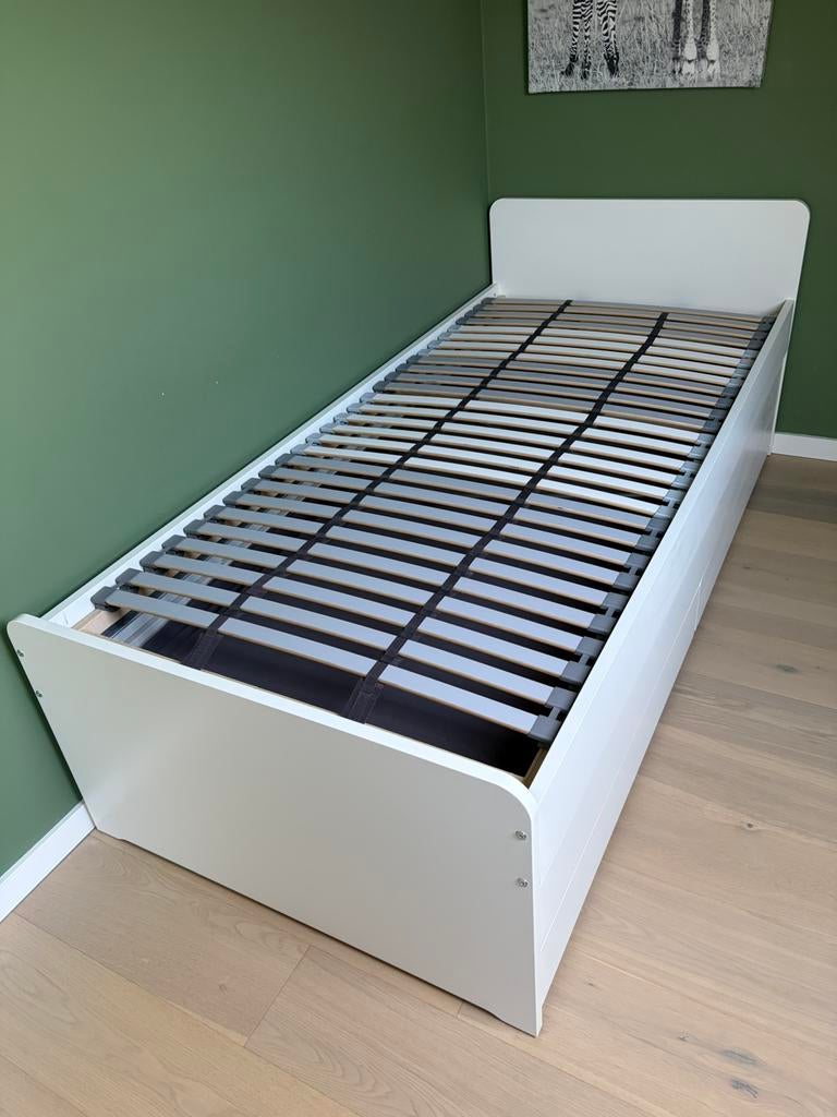 Bed kinder slaapkamer uitschuifbaar met lattenbodems 90x200, Ophalen, 90 cm, Wit, Tweepersoons