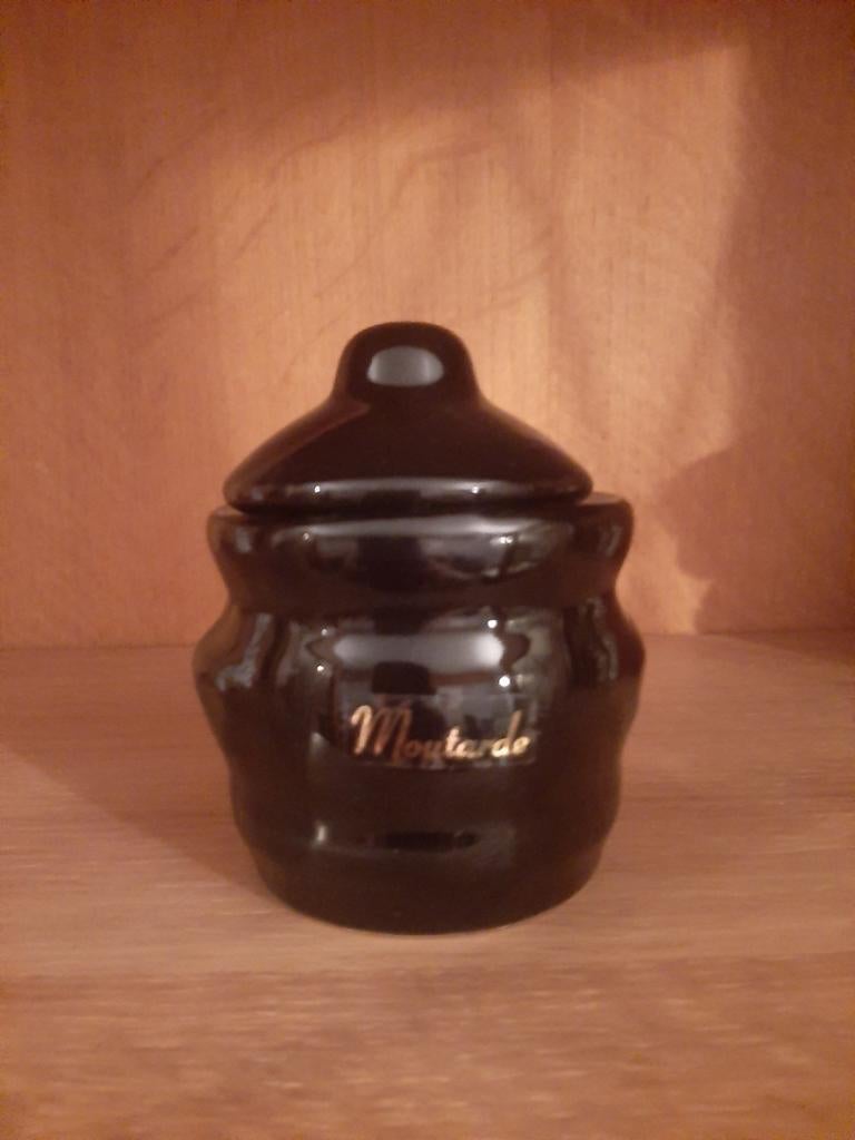 Vintage mosterdpotje met scheplepel – in zwart keramiek, Huis en Inrichting, Keuken | Potten en Pannen, Zo goed als nieuw, Ophalen of Verzenden