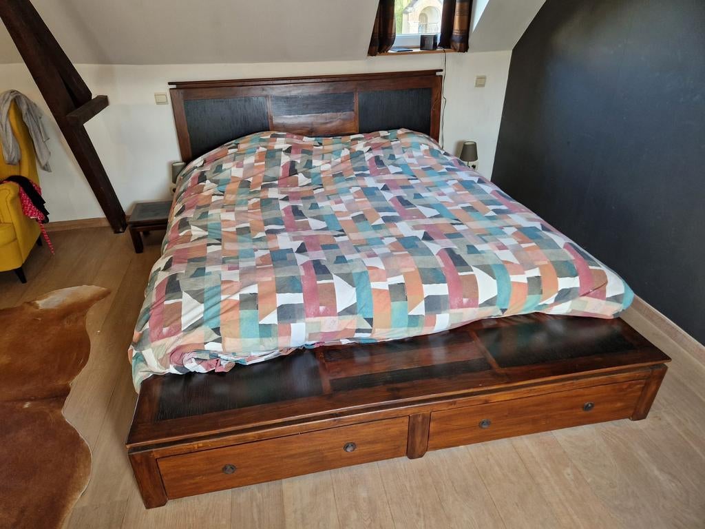 Ensemble Lit Double en bois – Design Asiatique & rangement, Enlèvement, Comme neuf, Deux personnes, Rustique, asiatique