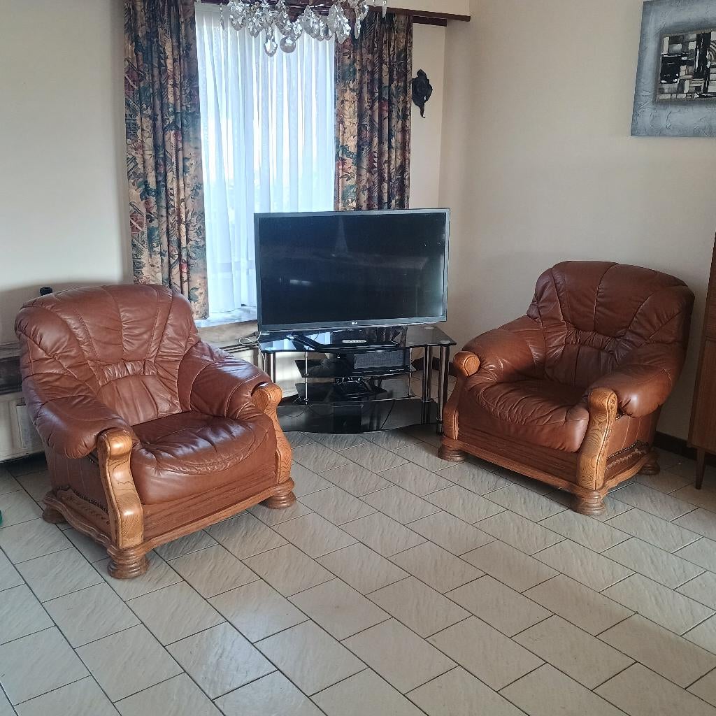 Lederen zetel met eiken onderstel, Huis en Inrichting, Ophalen, Leer