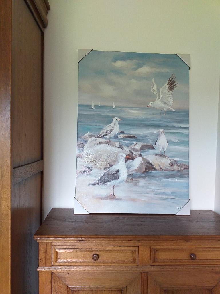 Nouveau tableau sur toile paysage marin (mouettes)., Neuf, 75 cm ou plus, Enlèvement, Peinture
