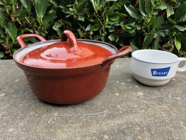 KLEINE VINTAGE BRUINE EMAIL KOOKPOT DIAM : 16 CM. H : 11 CM, Antiek en Kunst, Ophalen of Verzenden