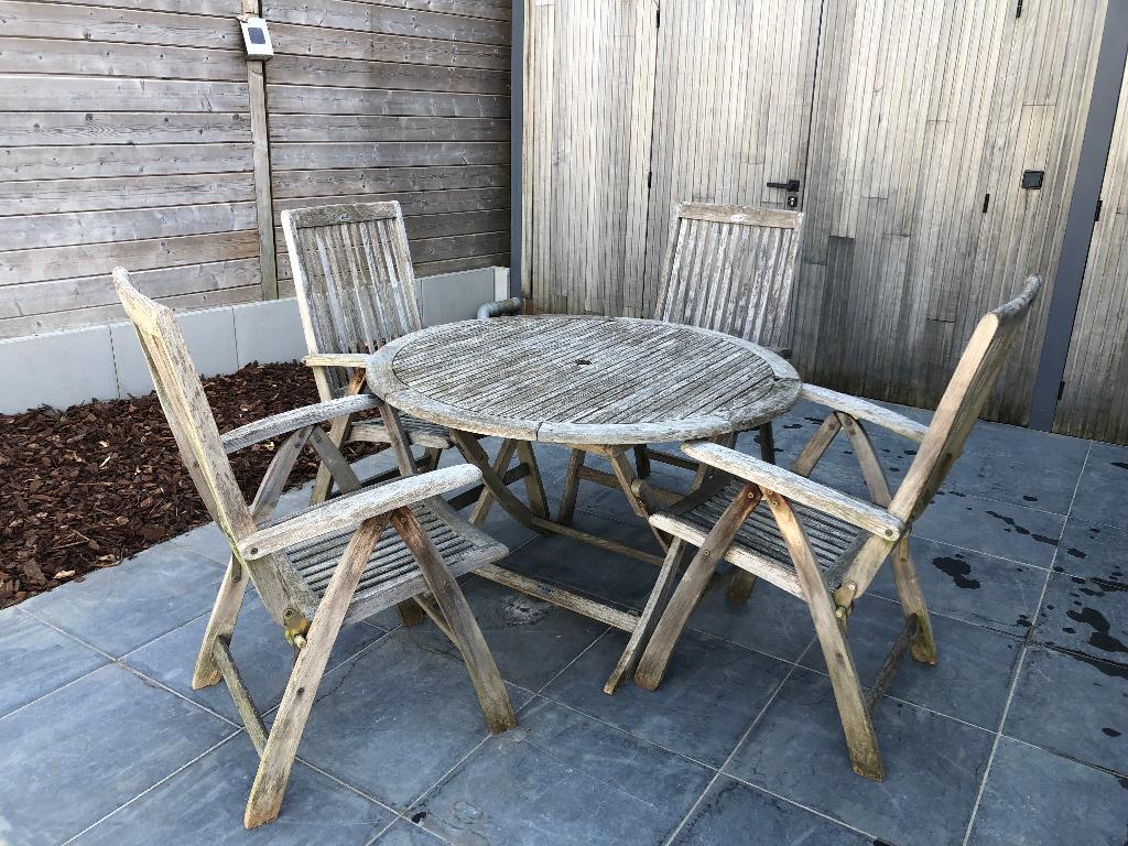 Tuintafel en stoelen, Tuin en Terras, Tuintafels, Ophalen, Gebruikt, Rond, Hout