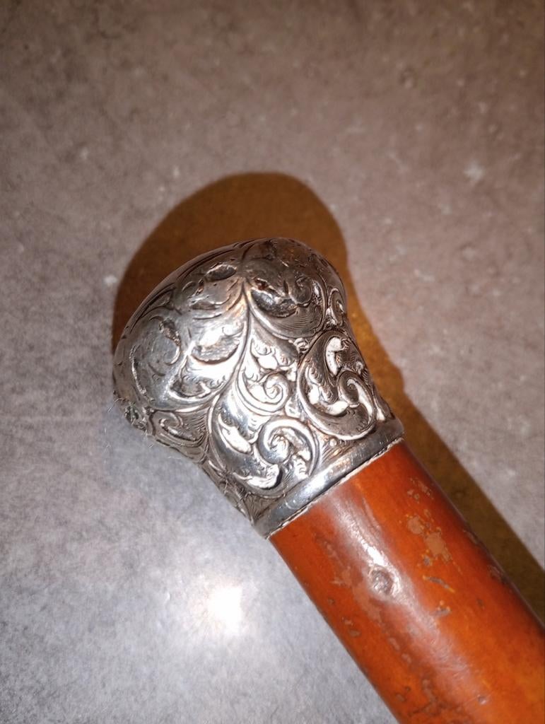 Ancienne canne argent et jonc de Malacca, Divers, Bâtons de marche, Utilisé, Enlèvement ou Envoi