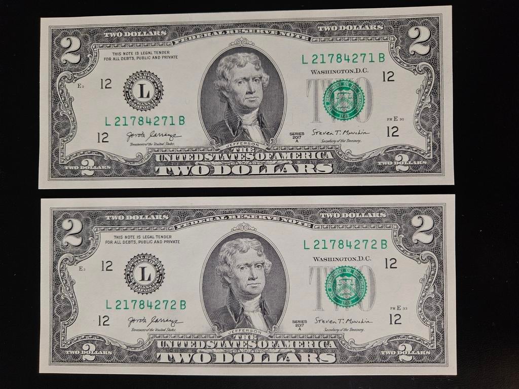 2x 2 dollars USA UNC 2017 jaar set, Postzegels en Munten, Bankbiljetten | Amerika, Ophalen of Verzenden, Noord-Amerika, Setje