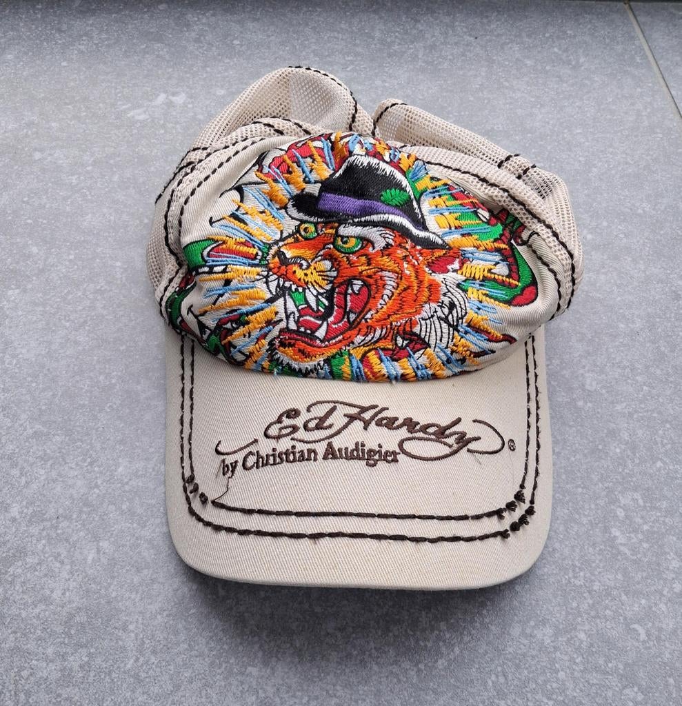 Ed Hardy tijger pet – beige trucker cap (Christian Audigier), Ophalen of Verzenden, Pet