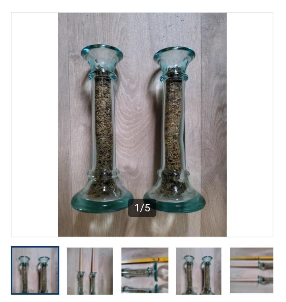 Kandelaars in oud glas/antieke kandelaars + gratis 4 kaarsen, Antiek en Kunst, Ophalen of Verzenden, Glas