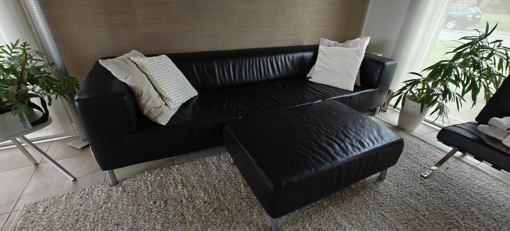 Zwarte lederen 3-zit en poef, Ophalen, Gebruikt, Modern, Leer