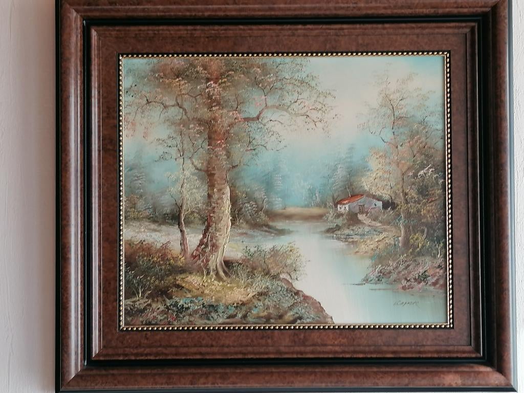 Vintage landschap, olieverf op doek van Irene Cafieri, 1970s, Antiek en Kunst, Kunst | Schilderijen | Klassiek, Ophalen