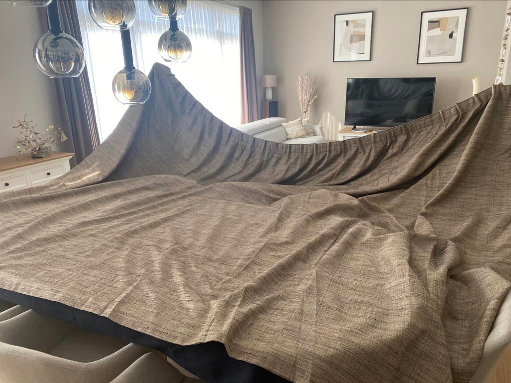 Afgewerkte overgordijnen in duurzame stof, Huis en Inrichting, Ophalen, Bruin, 200 cm of meer, Zo goed als nieuw