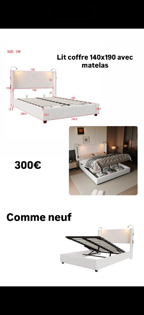 Lit coffre 140x190 avec matelas, Huis en Inrichting, Slaapkamer | Bedden, Zo goed als nieuw, Tweepersoons, 140 cm, 190 cm of minder