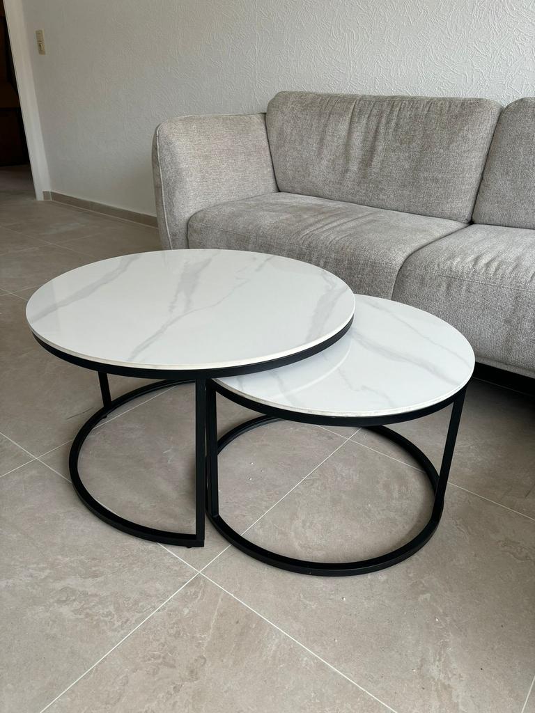 Table basse en verrre aspect marbre, Maison & Meubles, Tables | Tables de salon, Enlèvement, Comme neuf, Rond, Verre