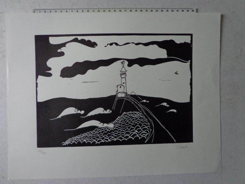hedendaagse linosnede Max Lapiower "Vuurtoren", Antiek en Kunst, 2000 tot heden, Origineel, Ophalen of Verzenden, Houtsnede