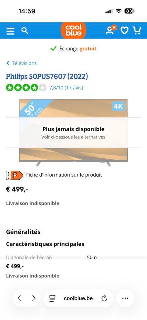 philips 50pus7607 4k uhd led smart tv 50 126cm, Enlèvement, Comme neuf