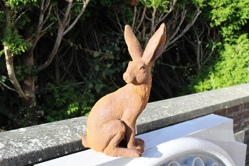 Roestig gietijzeren beeld van een haas, Tuin en Terras, Tuinbeelden, Ophalen of Verzenden, Nieuw, Metaal, Dierenbeeld