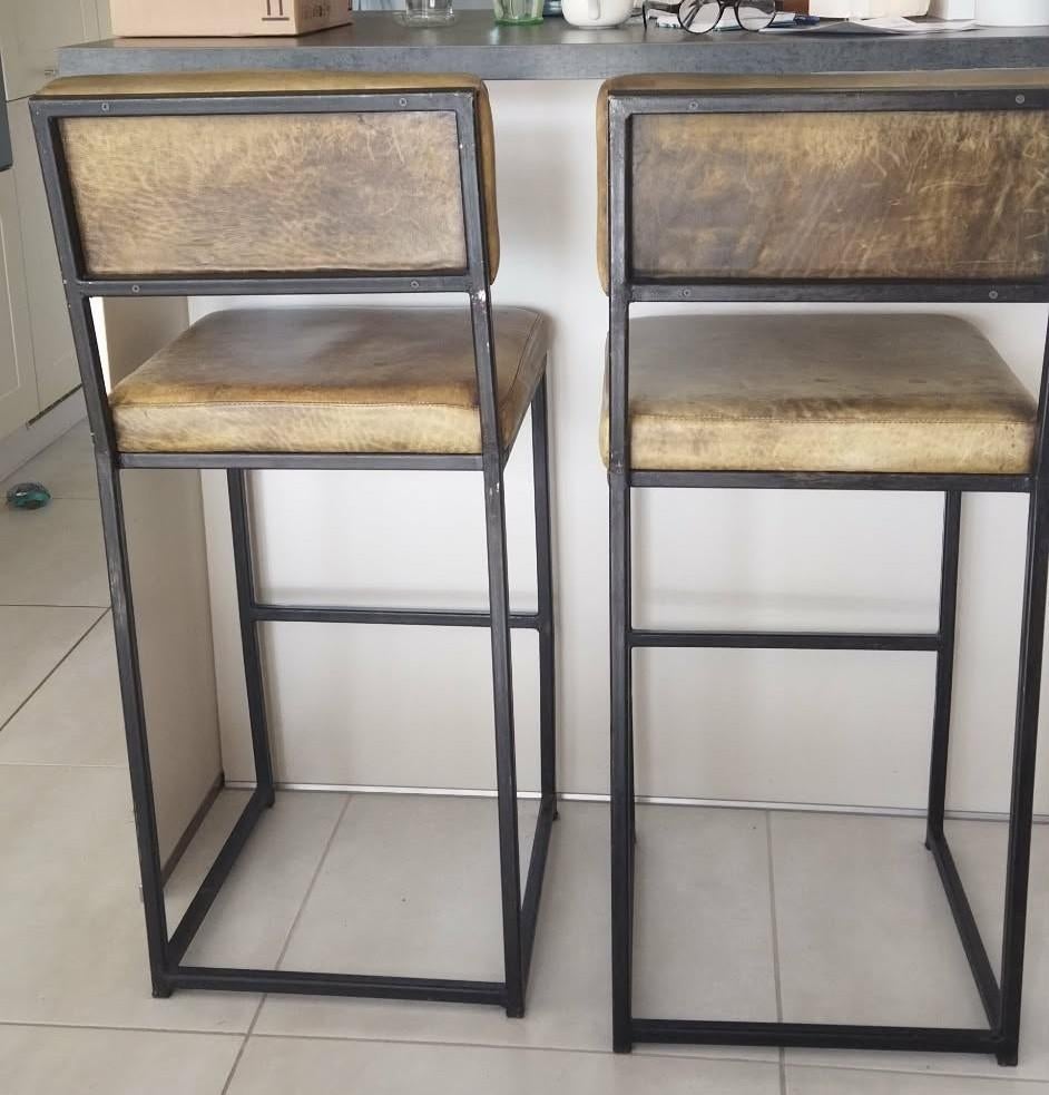 2 Chaises hautes de bar en fer forgé et cuir, Maison & Meubles, Enlèvement, Utilisé