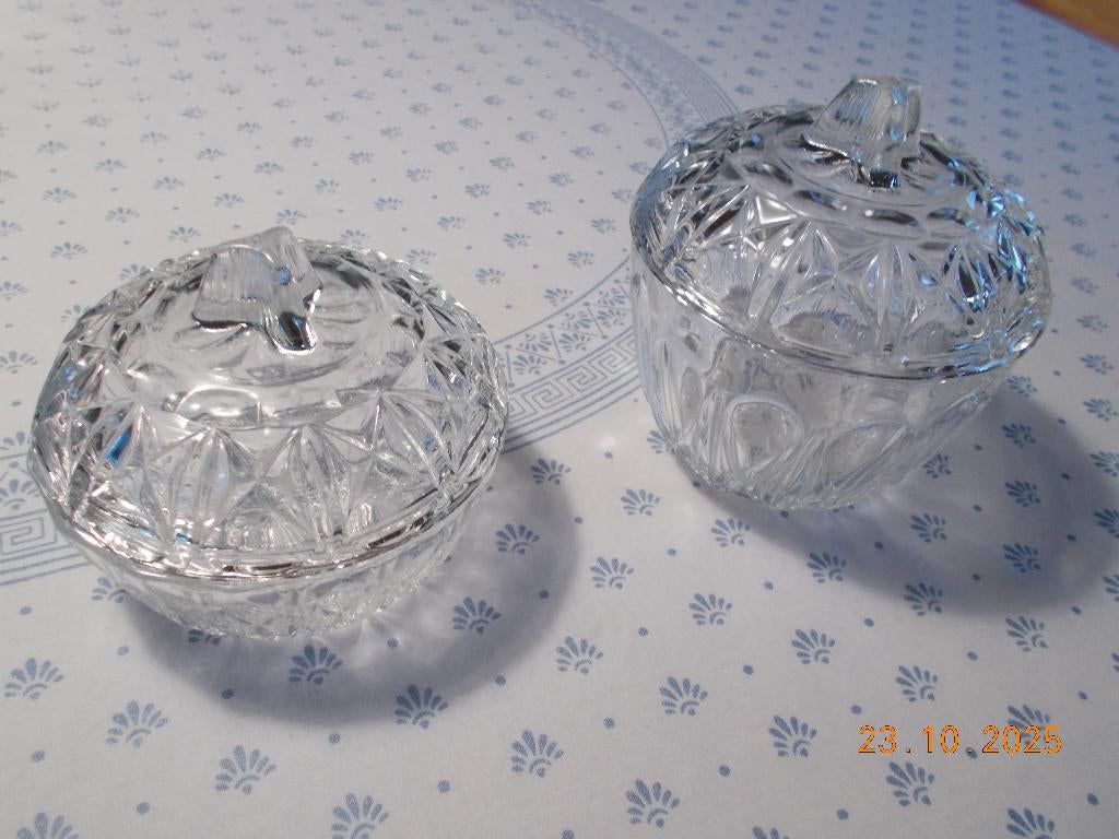 Set van 2 Vintage glazen potjes (Reims), Huis en Inrichting, Keuken | Servies, Ophalen, Zo goed als nieuw, Glas, Glas of Glazen