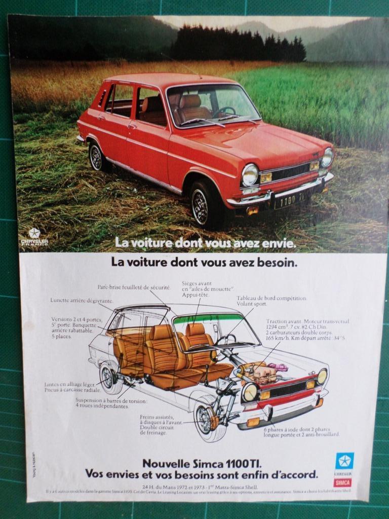 Simca 1100 TI - publicité papier - 1973, Collections, Marques & Objets publicitaires, Enlèvement ou Envoi, Utilisé, Autres types