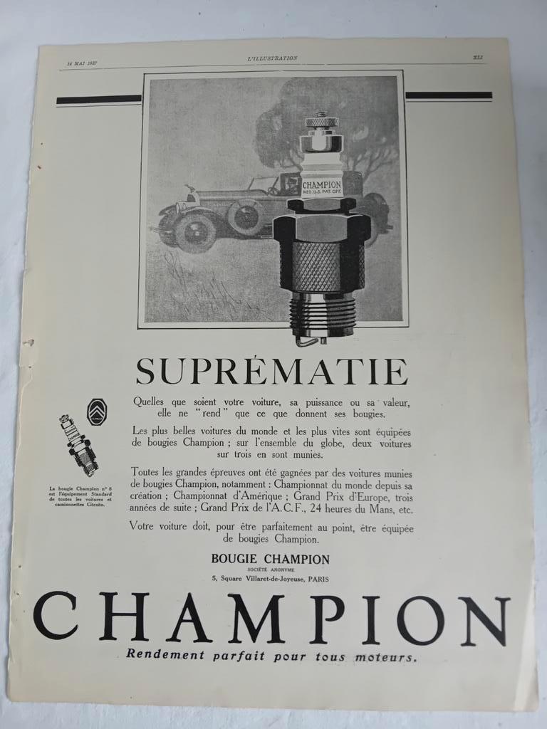 Ancienne publicité Champion 1927, Collections, Marques & Objets publicitaires, Enlèvement ou Envoi, Utilisé, Autres types