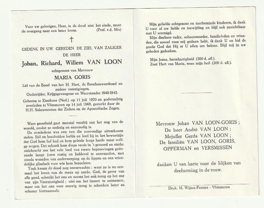 VAN LOON Oudstrijder Krijgsgevangene Weerstander Vlimmeren, Verzamelen, Verzenden, Bidprentje