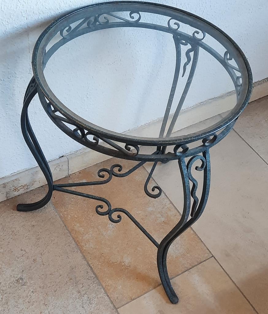 Table basse ronde en fer forgé et verre H 45 cm Diam 36,5 cm, Moins de 50 cm, Verre, Rond, Enlèvement