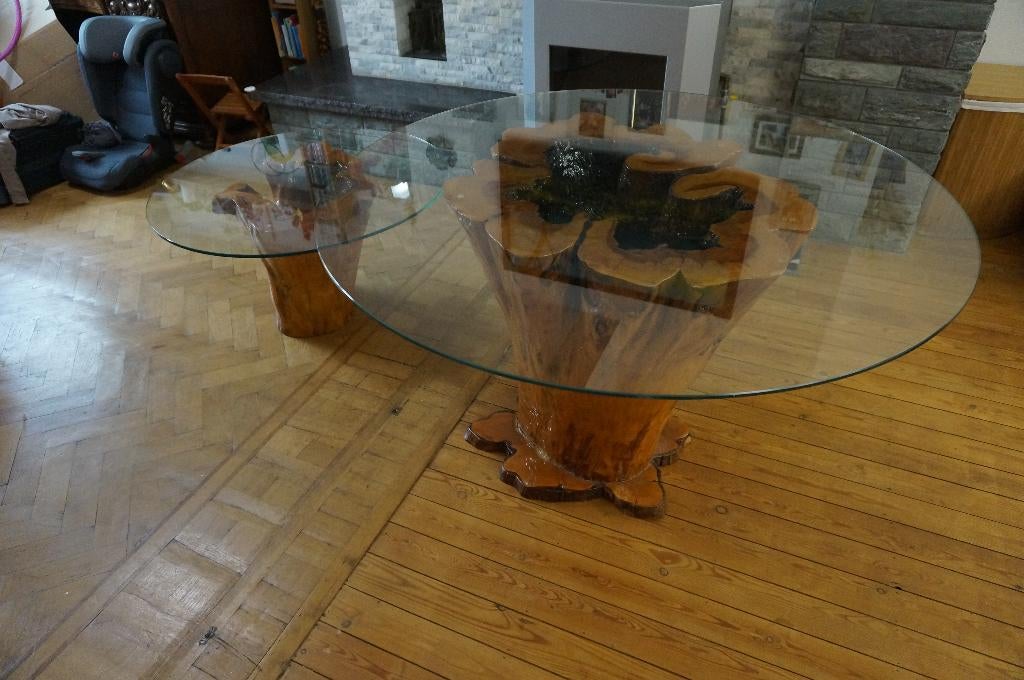 Boomstam eettafel (H:75, D:120) & bijzettaffel (H:45, D:90), Huis en Inrichting, Ophalen, Overige materialen, Gebruikt, Rond