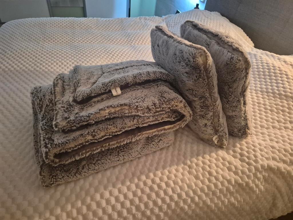 Plaid fourrure + 2 coussins assortis, Maison & Meubles, Enlèvement, Comme neuf