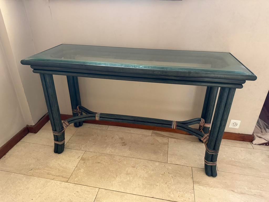 console en rotin de bambou laqué vert avec plateau en verre, Maison & Meubles, Enlèvement