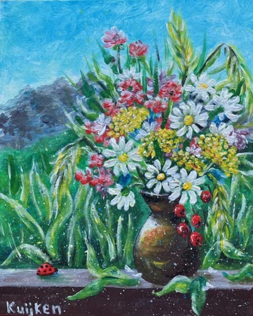 Summer Bouquet (Acrylic painting by Kuijken, 24x30 cm), Antiek en Kunst, Ophalen of Verzenden