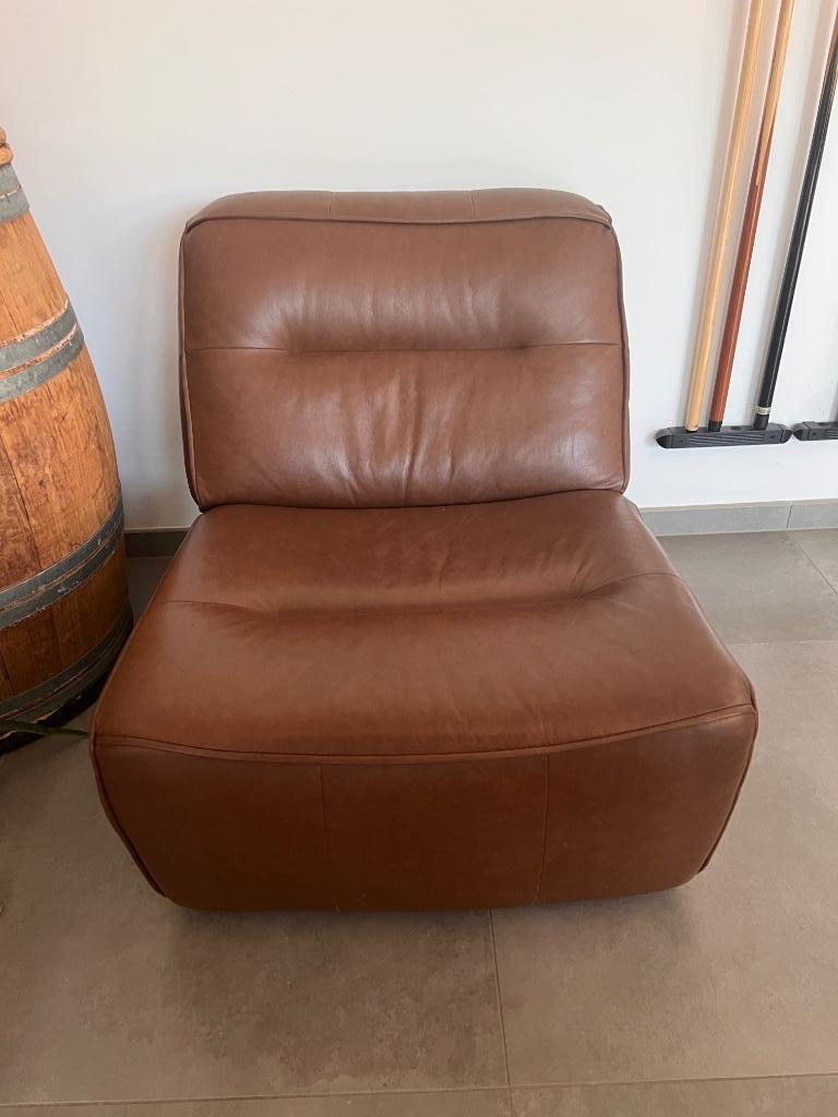 Fauteuil et bergère en cuir brun, Ophalen, 125 tot 150 cm, Leer, Zo goed als nieuw