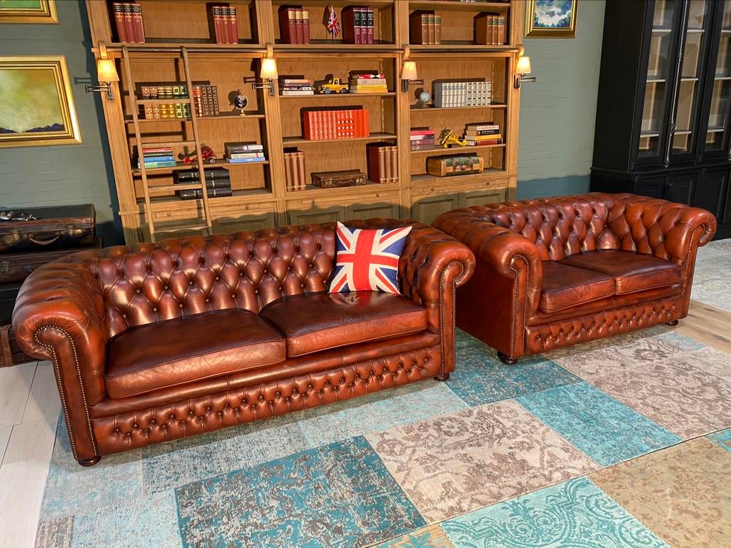 Chesterfield 3+2 zit zetels roodbruin GRATIS GELEVERD, Maison & Meubles, Canapés | Repose-pieds & Poufs, Cuir, Enlèvement ou Envoi