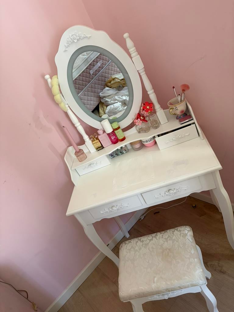 Table de maquillage blanche avec miroir lumineux + chaise, Huis en Inrichting, Tafels | Kaptafels, Zo goed als nieuw, Ophalen