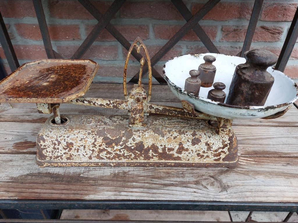 Antieke weegschaal met gewichtjes, Antiek en Kunst, Ophalen