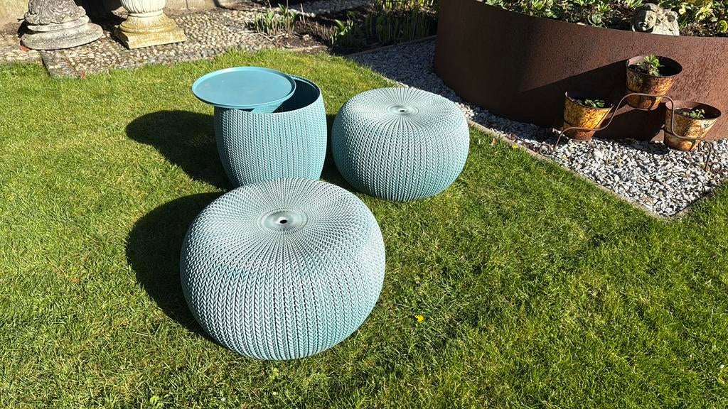 Tuin poef en tafel, Ophalen, Gebruikt, Rond, Kunststof