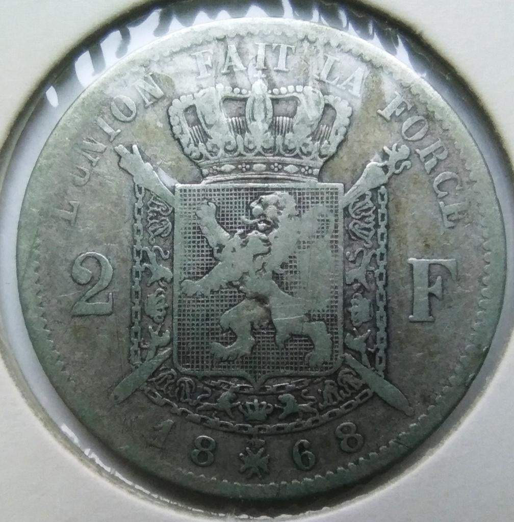 Belgique 2 francs 1868 - avec croix sur couronne - modèle A, Timbres & Monnaies, Monnaies | Belgique, Enlèvement ou Envoi, Monnaie en vrac