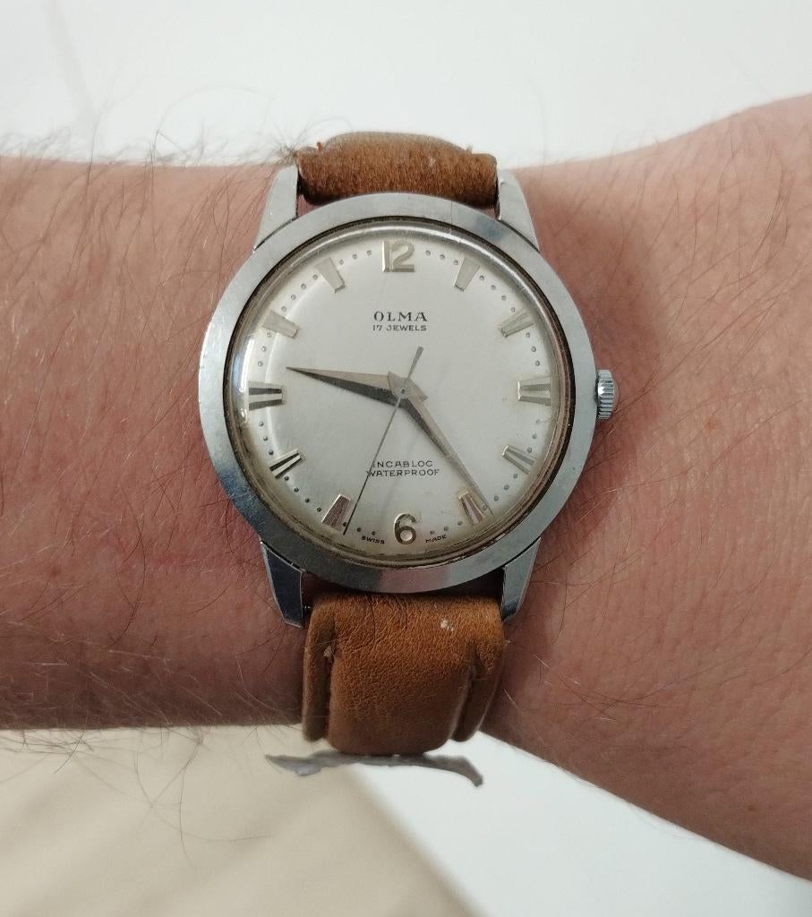 35mm Olma dresswatch staal AS 1430 van september 1955, Ophalen of Verzenden, Staal, Staal, Omega